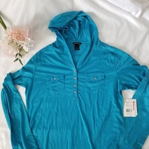Marmot Top Womens XL Laura Hooded Shirt Henley Lightweight Aqua Blue Outdoor NWT